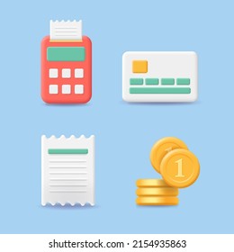 Payment Icons. POS Terminal And Bank Credit Card Payment Bill, Coins, Cash, Money, Receipt Paying 3d Icons.