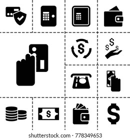 Payment icons. set of 13 editable filled payment icons such as atm, wallet, atm money withdraw, card protection, money, wallet
