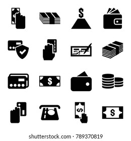 Payment icons. set of 16 editable filled payment icons such as atm money withdraw, wallet, money, wallet, credit card, card protection, check, dollar