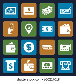 Payment icons set. set of 16 payment filled icons such as wallet, credit card, payment, wallet, atm money withdraw, dollar coin, money, dollar location, check, dollar card