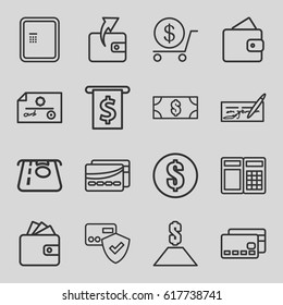 Payment icons set. set of 16 payment outline icons such as wallet, ATM money withdraw, dollar, Wallet, card, money, card protection, credit card, check