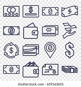 Payment icons set. set of 16 payment outline icons such as credit card, wallet, money, money on hand, card, dollar, crown