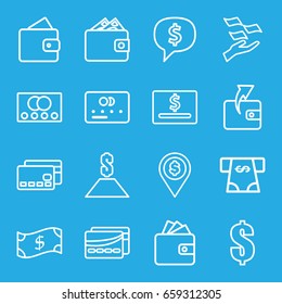 Payment icons set. set of 16 payment outline icons such as credit card, wallet, wallet, money on hand, atm money withdraw, card, dollar, crown