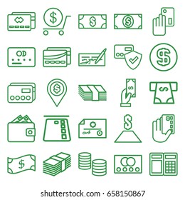 Payment icons set. set of 25 payment outline icons such as credit card, dollar, atm money withdraw, card, money dollar, money, wallet, crown, check