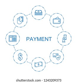 payment icons. Set of 8 outline payment icons included money, crown, wallet, credit card in hand, card protection on circle background. Editable payment icons for web, mobile and infographics.