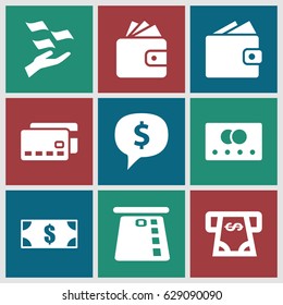 Payment icons set. set of 9 payment filled icons such as credit card, money on hand, Wallet, ATM money withdraw, money, wallet, dollar sign in cloud