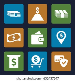 Payment icons set. set of 9 payment filled icons such as wallet, dollar, crown, dollar location, money, card protection