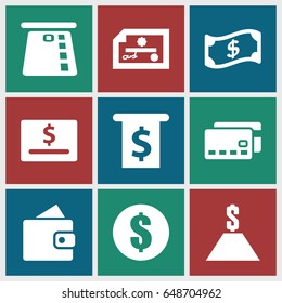 Payment icons set. set of 9 payment filled icons such as wallet, dollar, crown, money, credit card, dollar card, money in atm, check