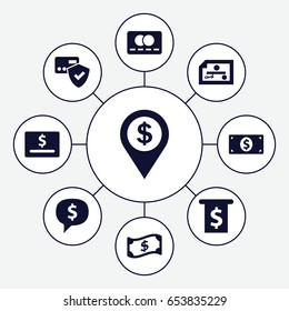 Payment icons set. set of 9 payment filled icons such as credit card, money dollar, crown, dollar location, card protection, money in atm