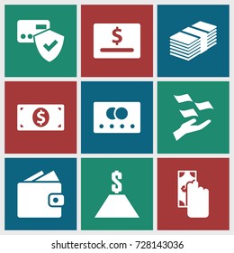Payment icons set. set of 9 payment filled icons such as credit card, money on hand, money dollar, dollar, money, cash payment, card protection, wallet