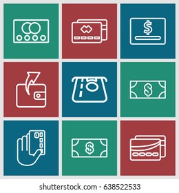 Payment icons set. set of 9 payment outline icons such as credit card, money, atm money withdraw, wallet, card