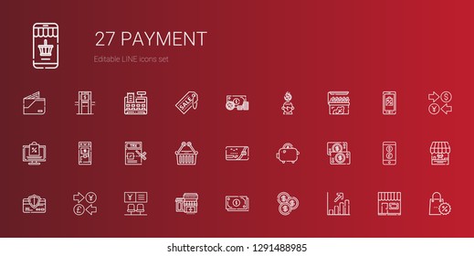 payment icons set. Collection of payment with profits, coin, cash, supermarkets, bank, currency, credit card, money, savings, upermarket. Editable and scalable payment icons.