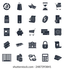 payment icons set, Included icons as ATM Machine, Calculator, Credit Card, Hourglass and more symbols collection, logo isolated vector illustration