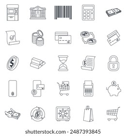 payment icons set, Included icons as ATM Machine, Calculator, Credit Card, Hourglass and more symbols collection, logo isolated vector illustration