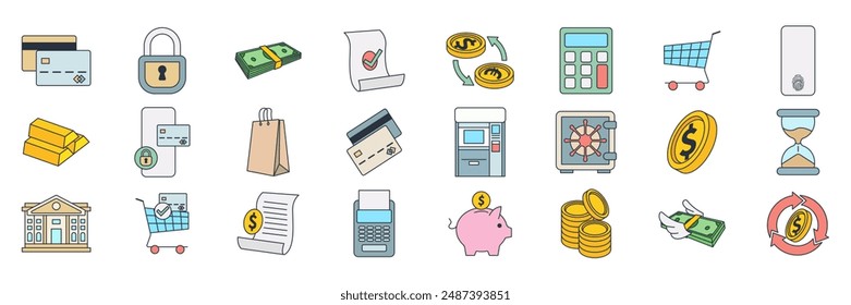 payment icons set, Included icons as ATM Machine, Calculator, Credit Card, Hourglass and more symbols collection, logo isolated vector illustration