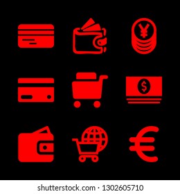 payment icons set with international e commerce, yens coins stack and shopping cart filled commercial symbol vector set