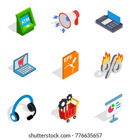 Payment icons set. Isometric set of 9 payment vector icons for web isolated on white background