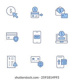 Payment icons set. Line Duotone style, editable stroke. credit card, invoice, online payment, password, pay, payment, phone, secure payment.