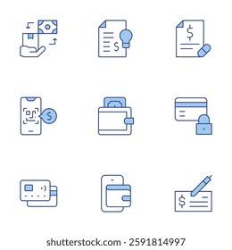 Payment icons set. Line Duotone style, editable stroke. credit card, digital wallet, invoice, pay, payment check, qr scan, receipt, wallet.