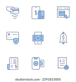 Payment icons set. Line Duotone style, editable stroke. bill, contactless, mobile payment, notification, online money, online payment, payment.