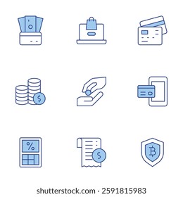 Payment icons set. Line Duotone style, editable stroke. calculator, coins, credit card, credit card payment, online, secure.