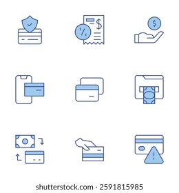 Payment icons set. Line Duotone style, editable stroke. bill, card payment, credit card, income, online, secure.