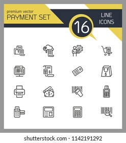 Payment icons. Set of line icons. Print, receipt, calculator. Finance concept. Vector illustration can be used for topics like cash, shopping, money