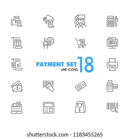 Payment icons. Set of line icons. Print, receipt, calculator. Finance concept. Vector illustration can be used for topics like cash, shopping, money