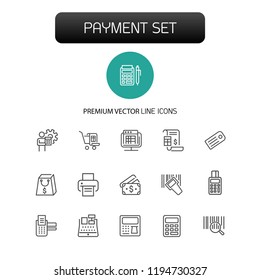 Payment icons. Set of line icons. Print, receipt, calculator. Finance concept. Vector illustration can be used for topics like cash, shopping, money