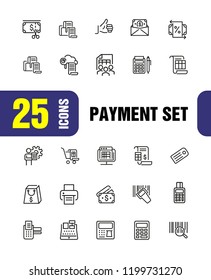 Payment icons. Set of line icons. Print, receipt, calculator. Finance concept. Vector illustration can be used for topics like cash, shopping, money