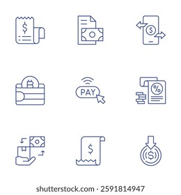 Payment icons set. Thin Line style, editable stroke. digital wallet, down, fee, pay, payment, taxation, ticket, transaction.