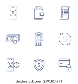 Payment icons set. Thin Line style, editable stroke. bill, cashback, credit card, payment, pos terminal, qr scan, shield, wallet.