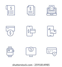 Payment icons set. Thin Line style, editable stroke. bill, card payment, contactless, file, laptop, mobile payment, nfc, online money, online payment.