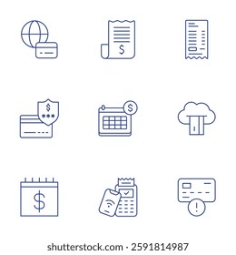 Payment icons set. Thin Line style, editable stroke. bill, calendar, cloud banking, contactless, credit card, payment, payment security, salary.