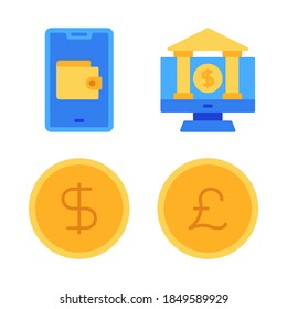 Payment Icons Set = wallet smartphone, bank online, dollar, poundsterling. Perfect for website mobile app, app icons, presentation, illustration and any other projects.
