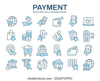 Payment icons, such as finance, payment, money, bank and more. Vector illustration isolated on white. Editable stroke.