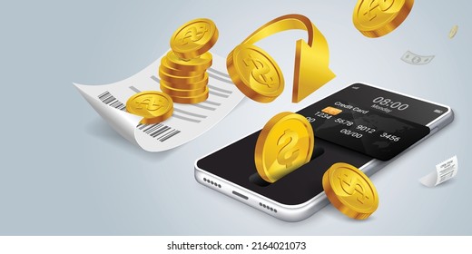 payment illustration Mobile money transfer.Coin flow into the smartphone and credit card on top.Paying bills and getting cash back on spending.pile of coins with coins flowing into the phone. - Shutterstock ID 2164021073