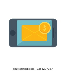 Icono de correo de información de pago vector plano. Dinero pagado. Teléfono móvil en línea aislado