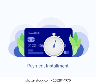 Payment installment concept. Financial calendar, clock, money, cash, gold coins, credit card, invoices. Trendy flat style. Vector illustration.