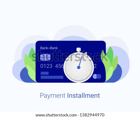 Payment installment concept. Financial calendar, clock, money, cash, gold coins, credit card, invoices. Trendy flat style. Vector illustration.