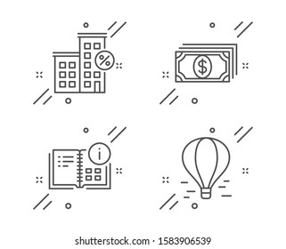 Payment, Instruction info and Loan house line icons set. Air balloon sign. Finance, Project, Discount percent. Flight travel. Business set. Line payment outline icon. Vector