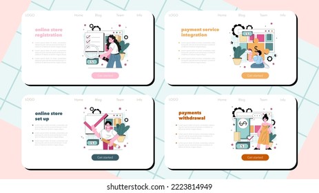 Payment integration web banner or landing page set. Online store payment system connection. Contactless transaction software, entrepreneurship banking service. Flat vector illustration