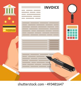 Payment of invoice concept. One hand hold form and other hold pen. Icons set. Flat vector illustration.