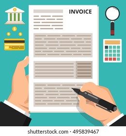 Payment of invoice concept. One hand hold form and other hold pen. Icons set. Flat vector illustration.
