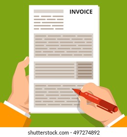 Payment of invoice concept. One hand hold form and other hold pen. Flat vector illustration.