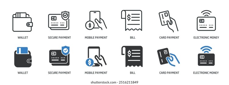 Linha de pagamento e coleção de ícones sólidos de glifo. Ilustração de vetor de série de símbolos e ícones mínimos