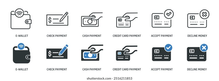 Payment line and glyph solid icons collection. Minimal icon and symbol series vector illustration