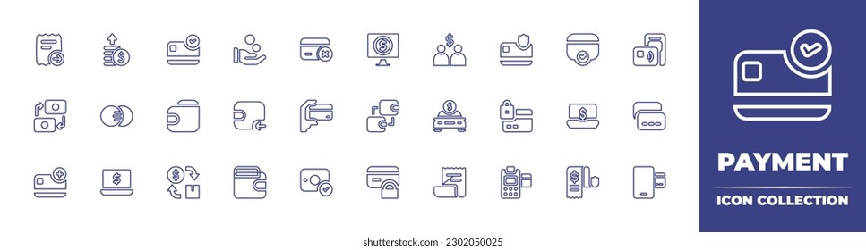 Payment line icon collection. Editable stroke. Vector illustration. Containing bills, profit, verified, hand, credit card, online banking, cash on delivery, secure payment, payment, transaction.