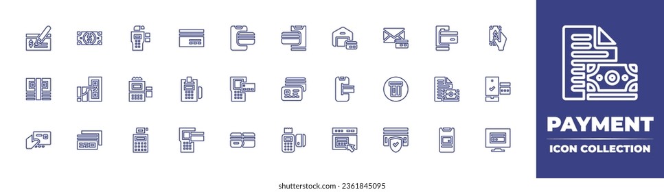 Payment line icon collection. Editable stroke. Vector illustration. Containing payment, online payment, mobile payment, credit card, online shopping, secure, contactless, pos, check, money, no money.