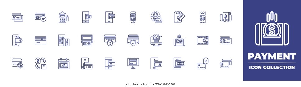 Colección de iconos de línea de pago. Trazo editable. Ilustración vectorial. Conteniendo tarjeta de crédito, aprobar, ewallet, tarjeta, flujo de caja, pago, online, terminal, método, pago seguro.